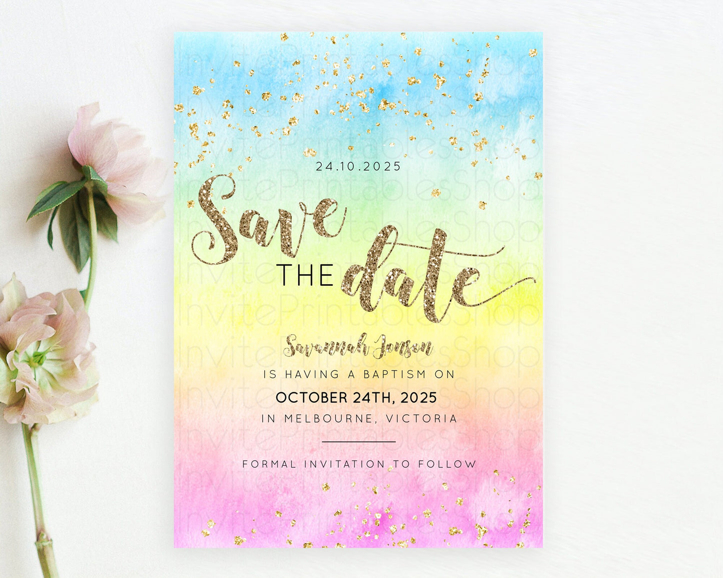 Pastel Save The Date Template Pastel Ombre Rainbow Watercolor Colorful Party For Birthday Baptism Baby Shower Wedding Bridal Shower D10479