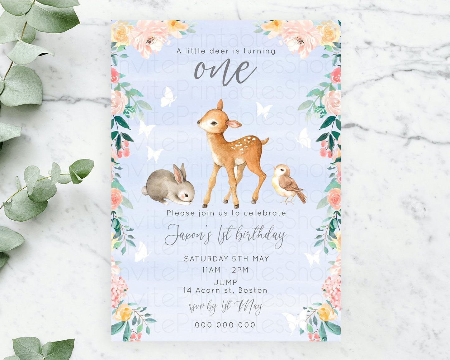 Fawn Birthday Invitation Deer Birthday Invitation Enchanted Forest Party Butterfly Pastel Flowers Whimsical 2nd 1st First Birthday D10920