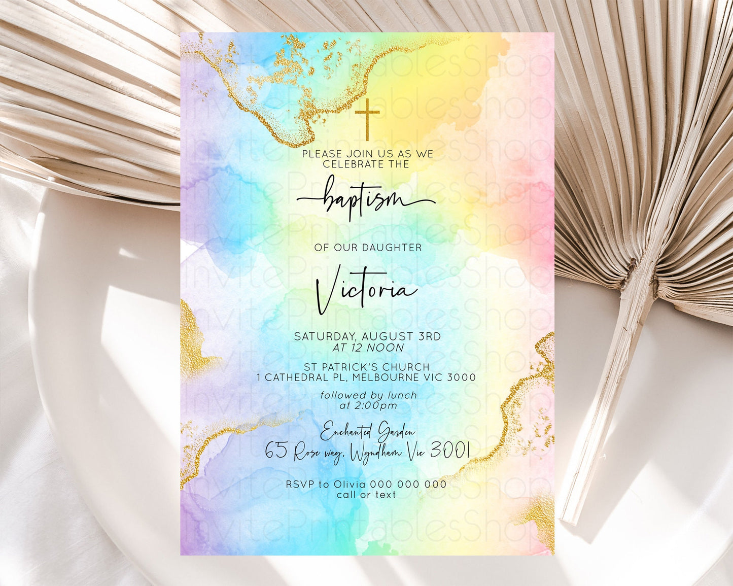 Pastel Baptism Invitation Pastel Colors Watercolor Baptism 1st Birthday Party Gold Ombre Pastel Rainbow Christening Holy Communion D10588