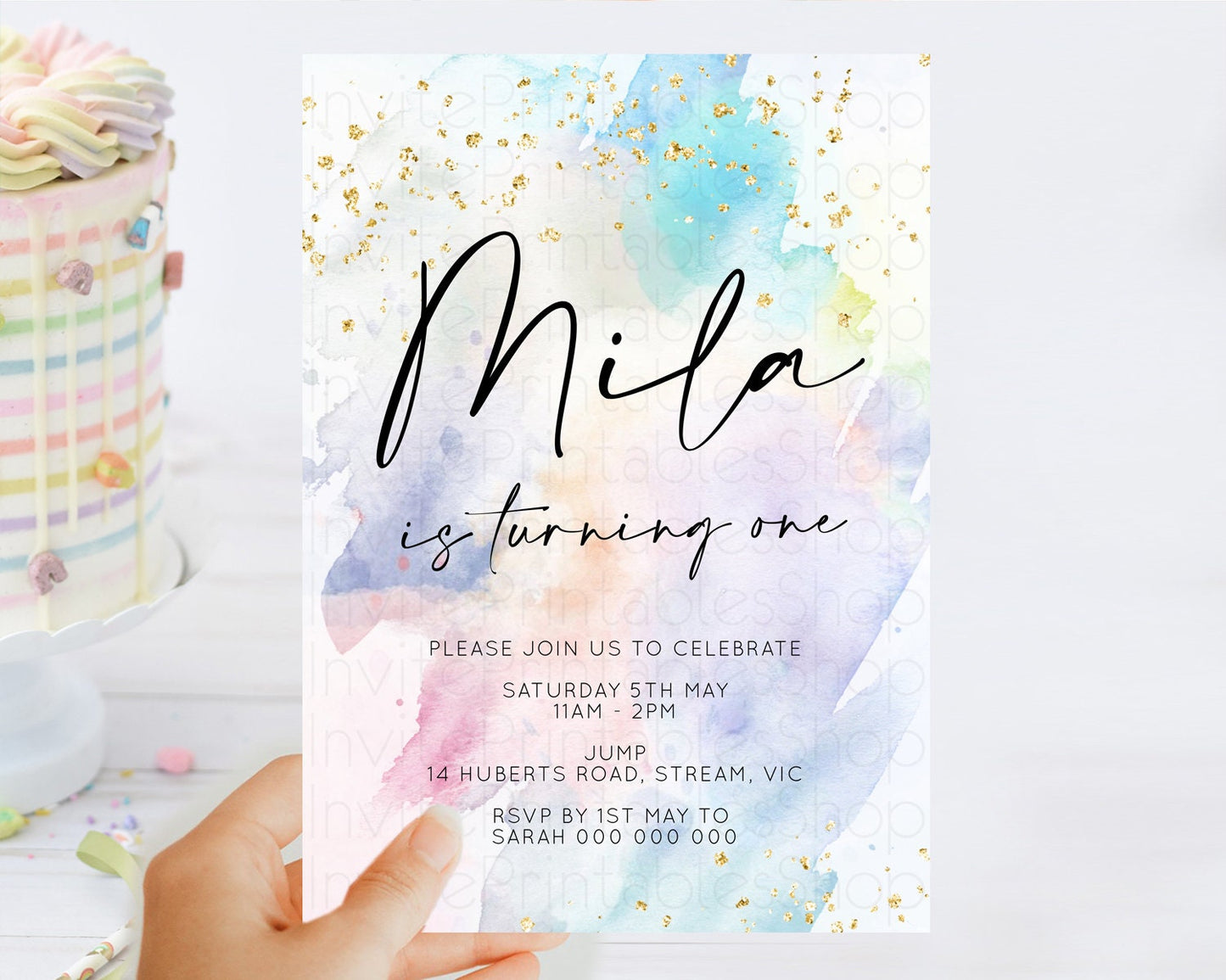 Rainbow Birthday Invitation Colorful Pastel Watercolor Invitation Gold Glitter Sprinkles Ombre Pastel 1st 2nd 3rd Birthday D10420
