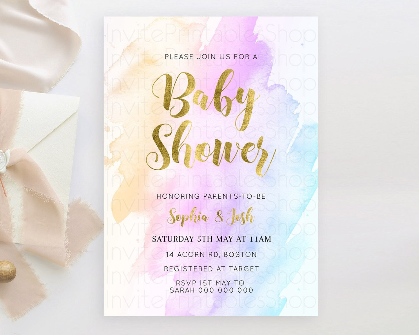 Pastel Baby Shower Invitation Rainbow Baby Shower Invitation Colorful Pastel Watercolor Invitation Gold Glitter Sprinkles Ombre D11027