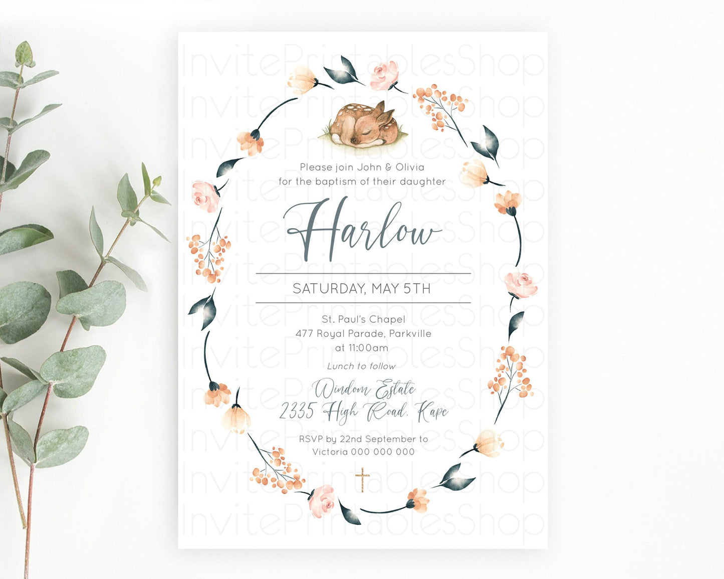 Fawn Baptism Invitation Deer Baptism 1st Birthday Invitation Enchanted Forest Christening Invitation Pastel Garden Butterfly Floral D10790