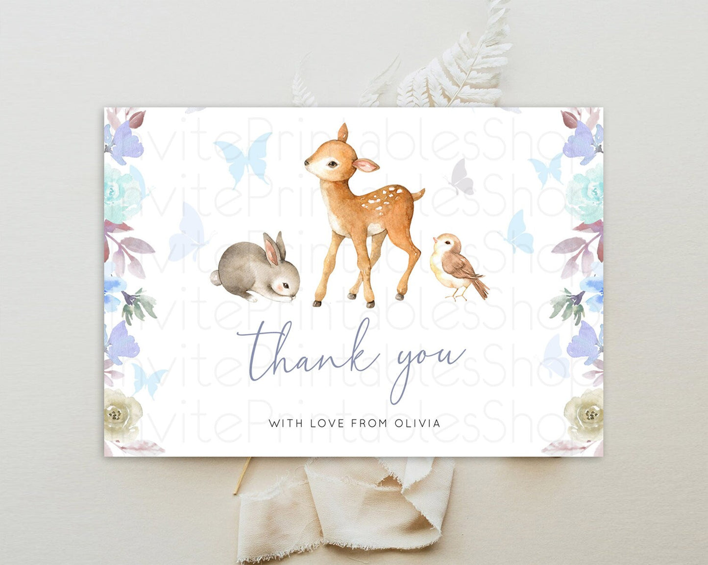 Fawn Thank You Deer Thank You Card Pastel Floral Deer Birthday Thank You Card Enchanted Forest Butterfly Deer Teacher Thank You Card D10929