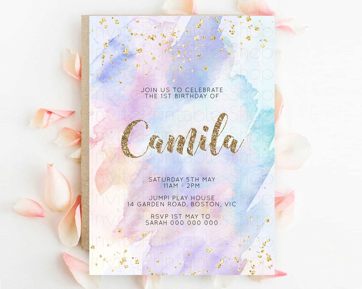 Rainbow Birthday Invitation Colorful Pastel Watercolor Invitation Gold Glitter Sprinkles Ombre Pastel 1st 2nd 3rd Birthday D10583