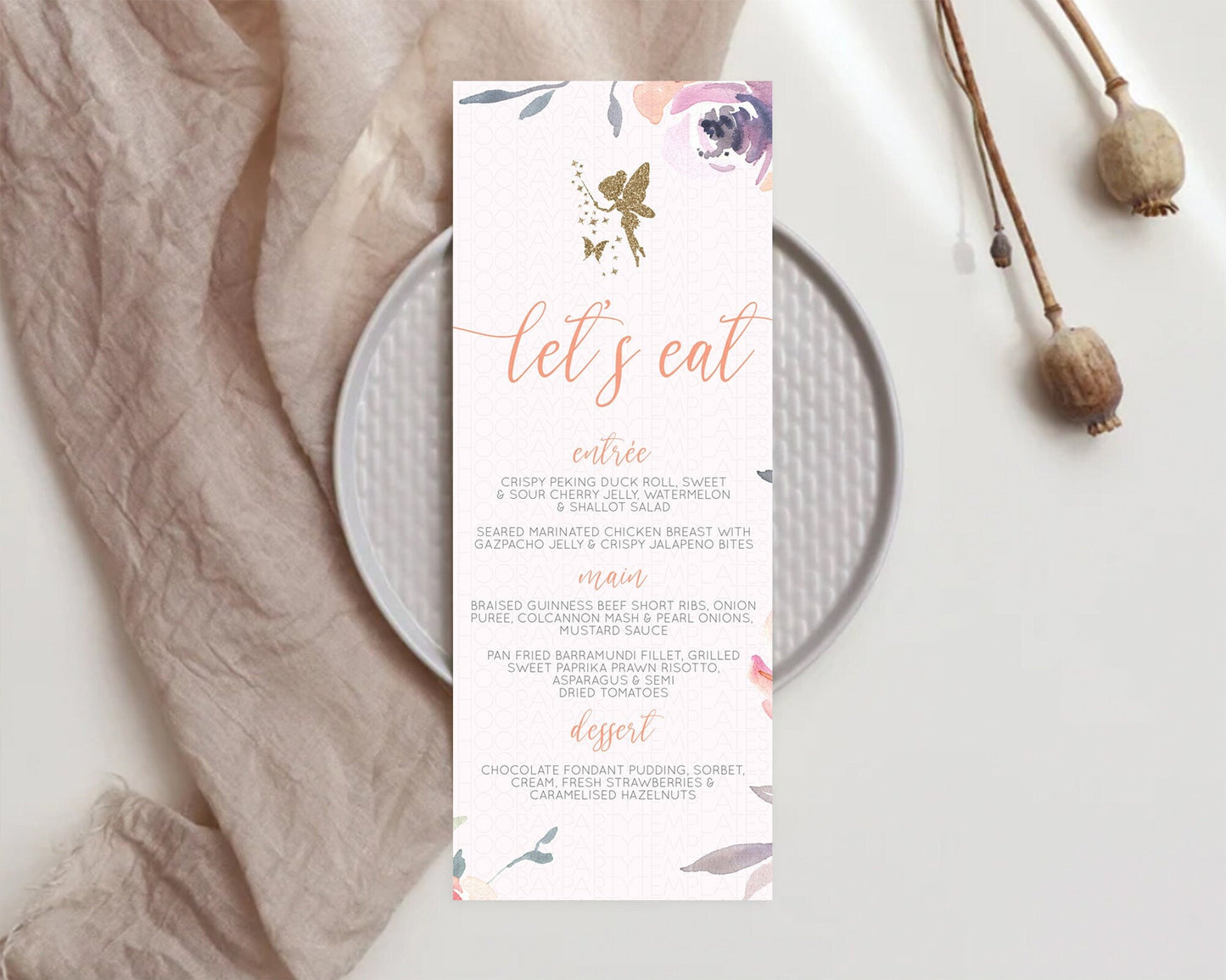 Fairy Menu Fairy Menu Template Enchanted Garden Pastel Floral Butterfly Table Decor Fairy Secret Garden Dinner Dessert Food Menu D10197
