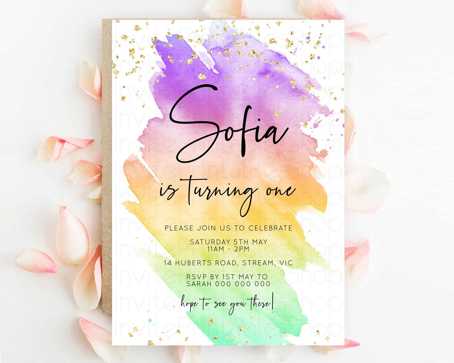Rainbow Birthday Invitation Colorful Pastel Watercolor Invitation Gold Glitter Sprinkles Ombre Pastel 1st 2nd 3rd Birthday D10518