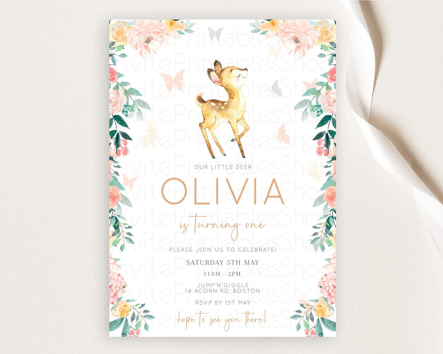 Fawn Birthday Invitation Deer Birthday Invitation Enchanted Forest Party Butterfly Pastel Flowers Whimsical 2nd 1st First Birthday D10753