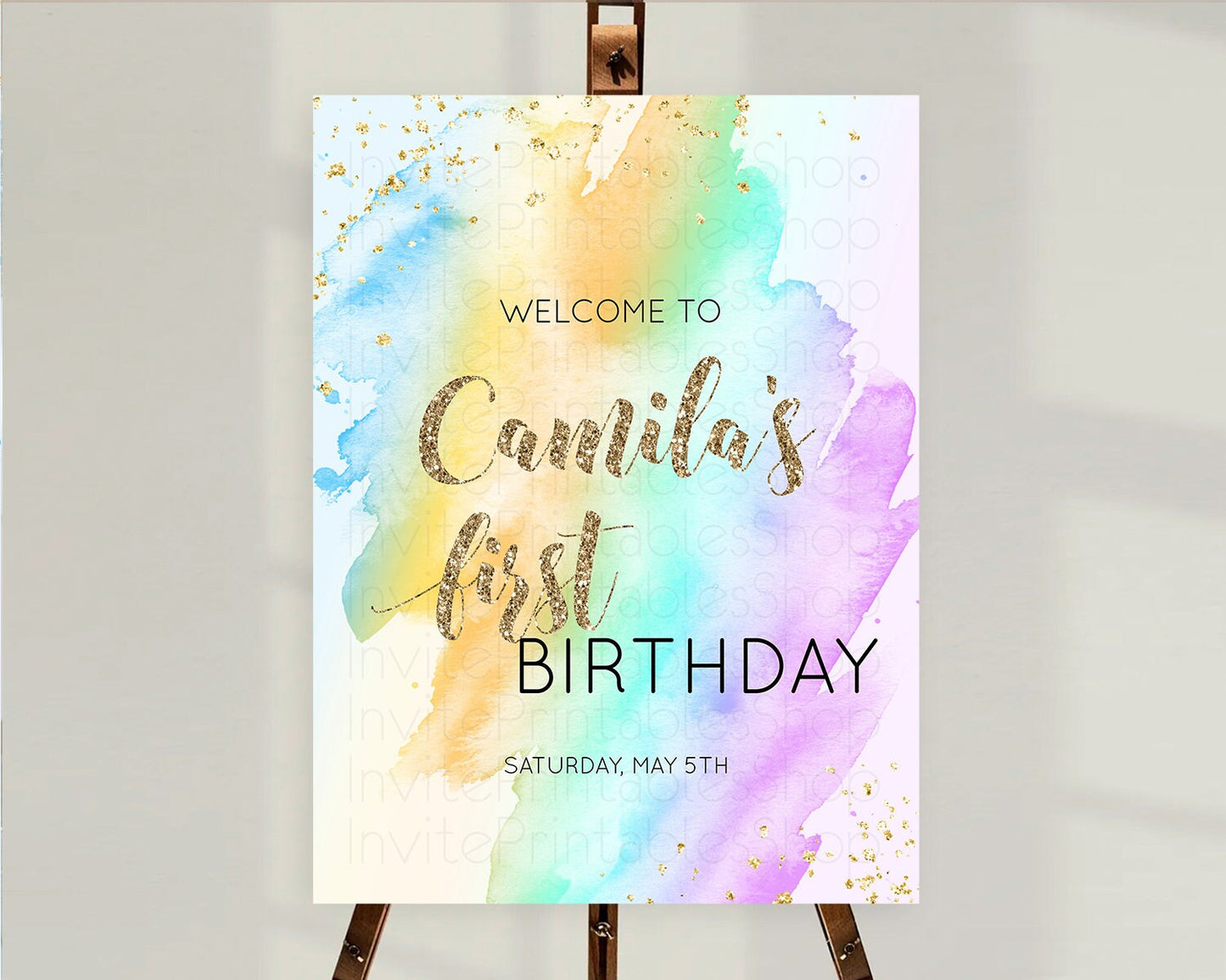 Pastel Welcome Sign Pastel Rainbow Welcome Sign Colorful Rainbow Confetti Watercolor Glitter Pastel First Birthday Welcome Sign D10426