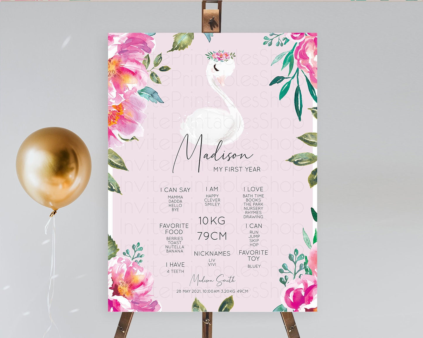 Swan First Birthday Milestone Poster Swan Princess Ballet Milestone Board Enchanted Forest Swan Lake Secret Garden Pastel Floral D10757