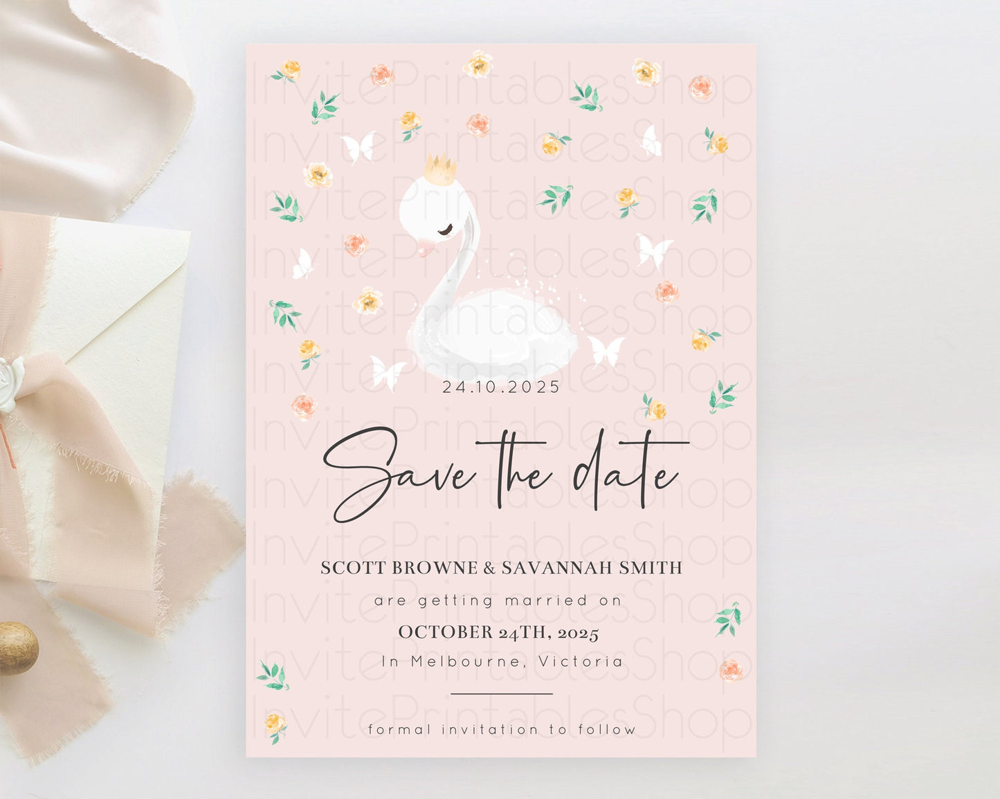 Swan Save The Date Template Swan Princess Ballet Party Enchanted Swan Lake Secret Garden Pastel Floral Birthday Baptism Baby Shower  D10388