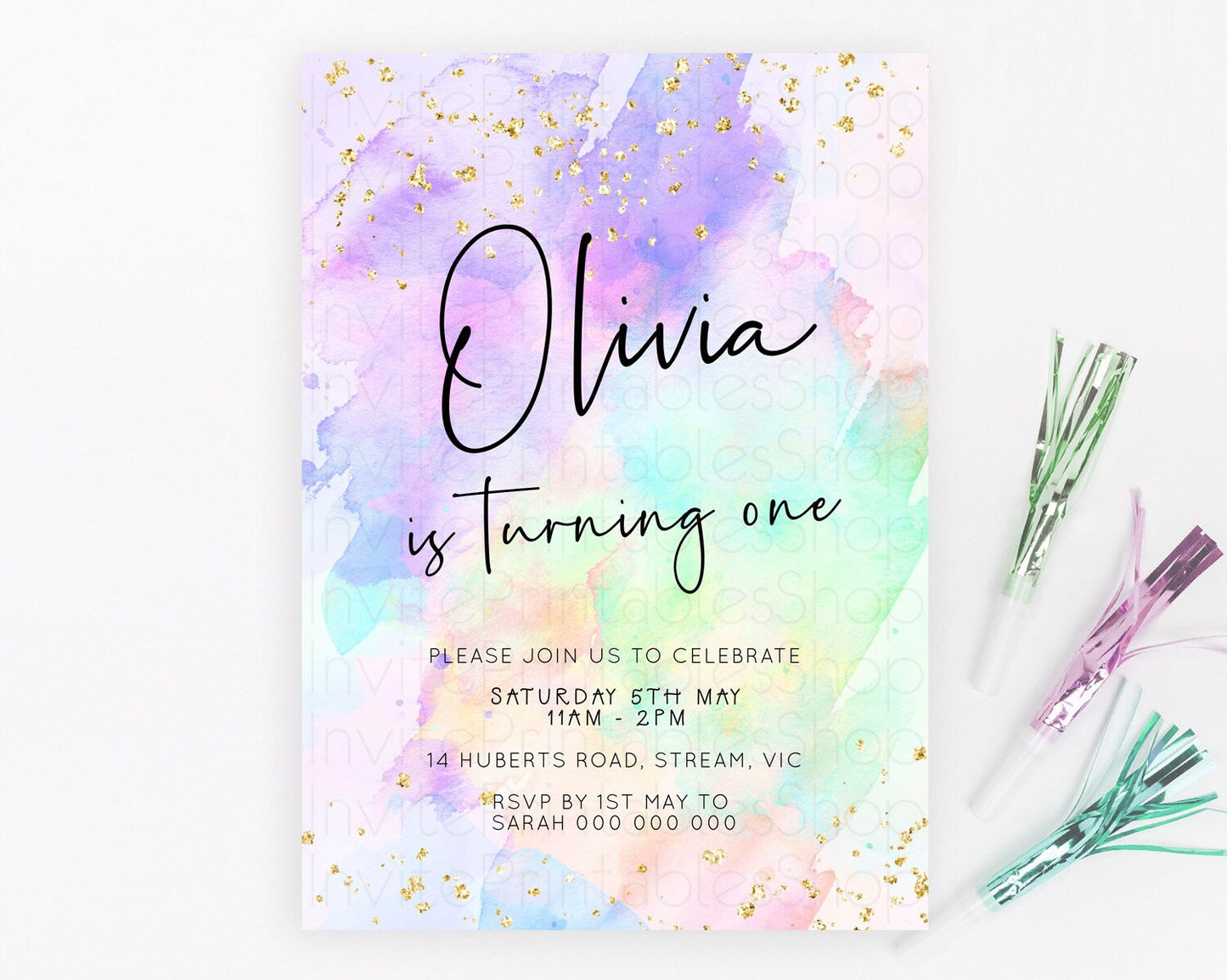 Pastel Birthday Invitation Ombre Watercolor Birthday Invitation Glitter Rainbow Color Splash 1st 2nd 3rd Birthday Invitation D23066