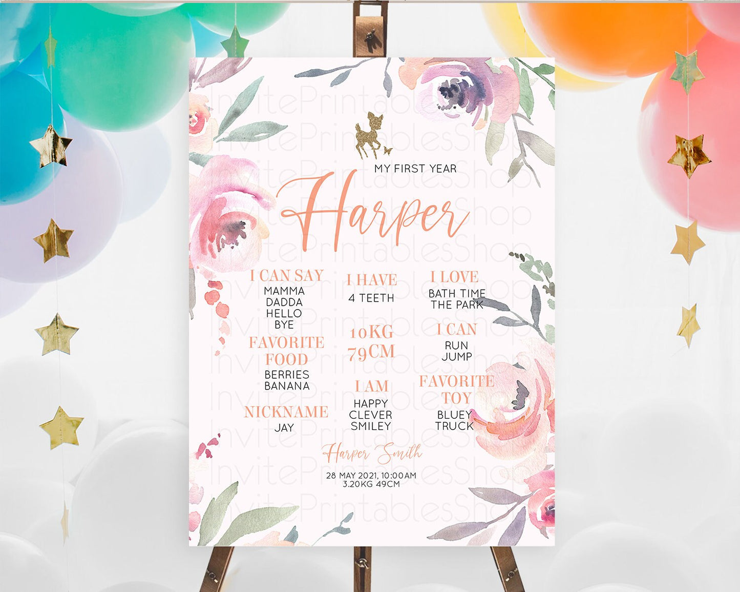 Fawn First Birthday Milestone Board Deer First Birthday Milestone Poster Enchanted Forest Butterfly Pastel Flowers 1st Birthday Sign D10196