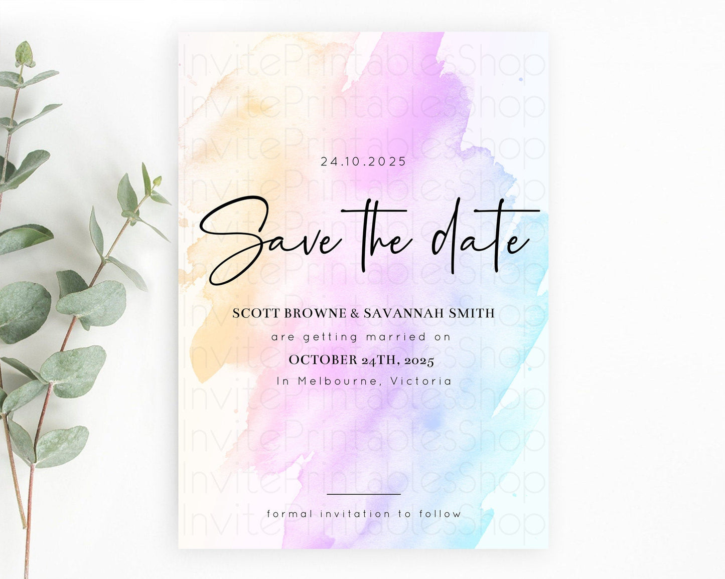 Pastel Save The Date Template Pastel Ombre Rainbow Watercolor Colorful Party For Birthday Baptism Baby Shower Wedding Bridal Shower D10177