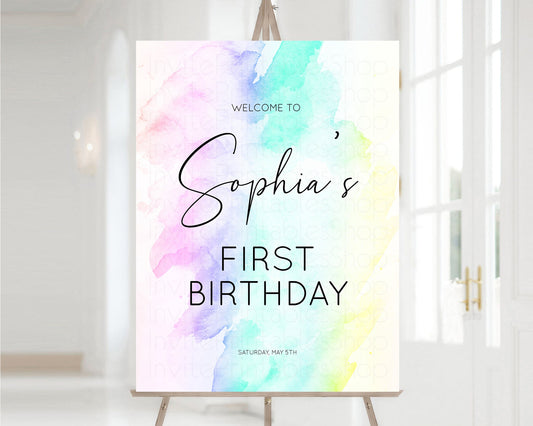 Editable Rainbow Welcome Sign Pastel 1st Birthday Sign Ombre Watercolor Birt