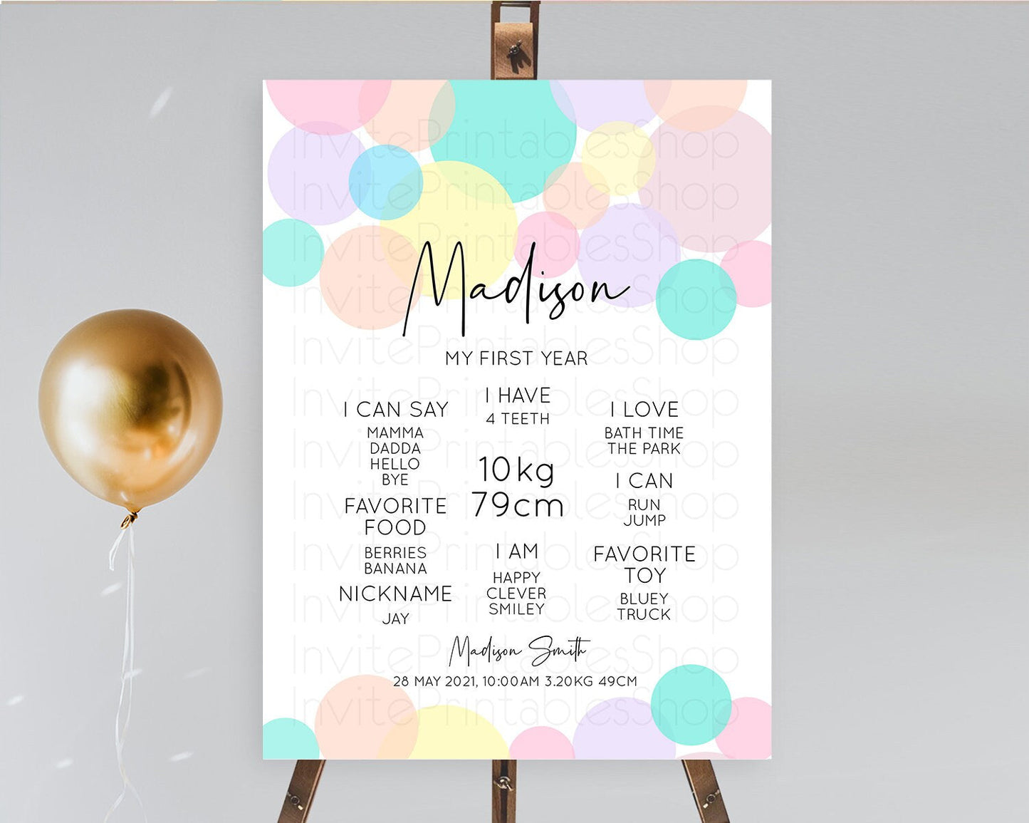 Pastel First Birthday Milestone Poster Pastel Rainbow Confetti First Birthday Milestone Board Colorful Bubbles Birthday Welcome Sign D10223