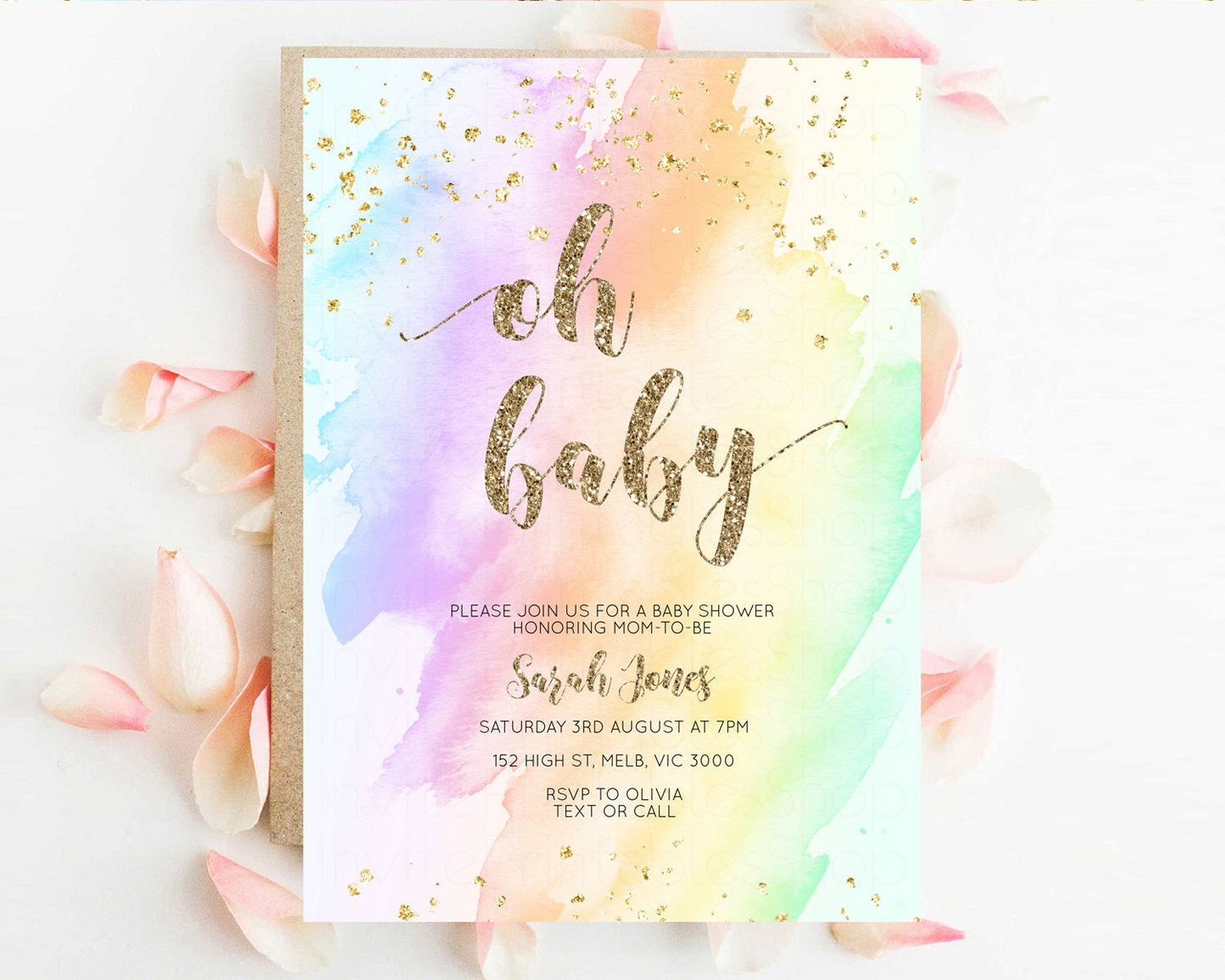 Rainbow Baby Shower Invitation Pastel Baby Shower Invitation Watercolor Ombre Invitation Rainbow Pastel Colors Invite Glitter Confetti g602