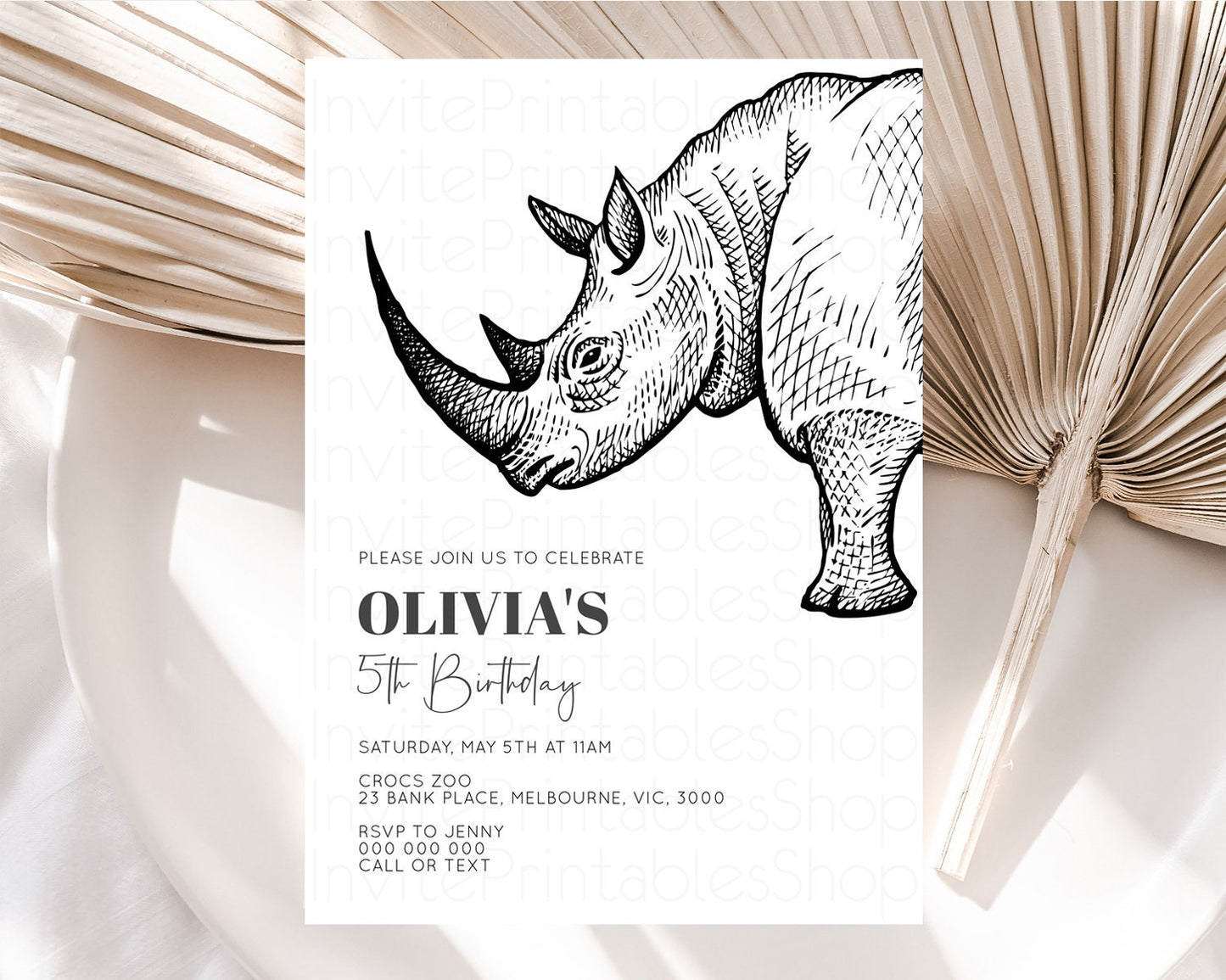 Rhinoceros Birthday Invitation Rhinoceros Invite Jungle Safari invite Watercolor Tropical Palm Adventure Zoo Party Wild Rhino Party t269