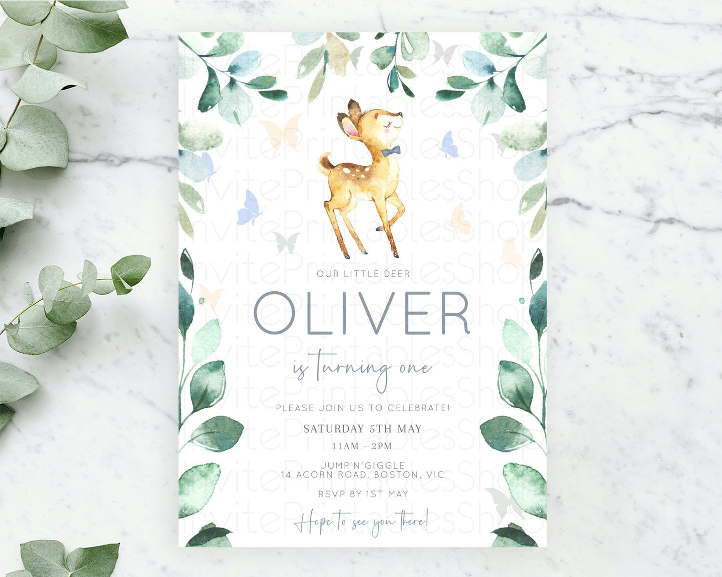 Fawn Birthday Invitation Deer Birthday Invitation Enchanted Forest Party Butterfly Pastel Flowers Whimsical 2nd 1st First Birthday D10767