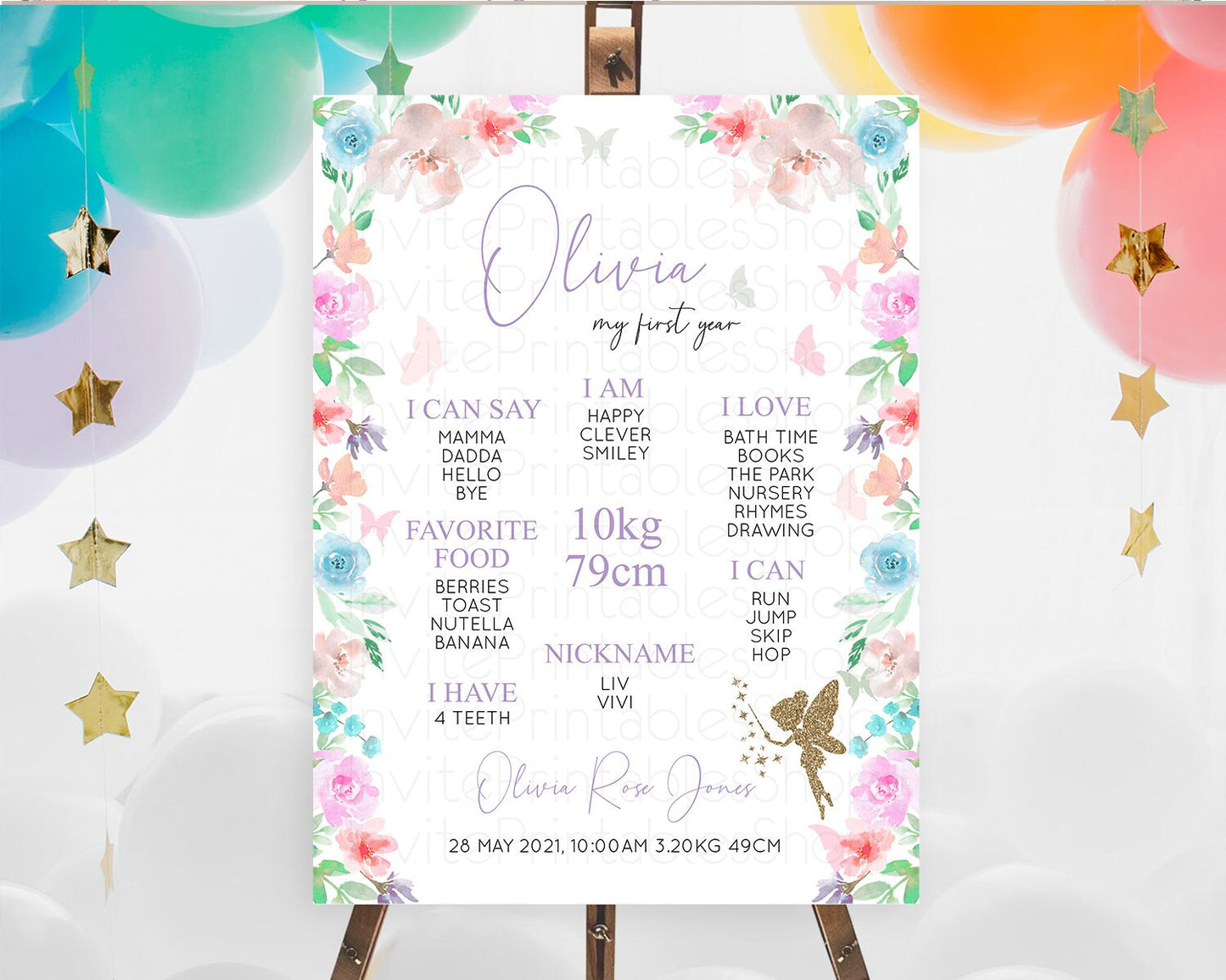 Fairy First Birthday Milestone Poster Fairy Secret Garden Milestone Board Enchanted Garden Pastel Floral Butterfly 1st Birthday Sign D10126