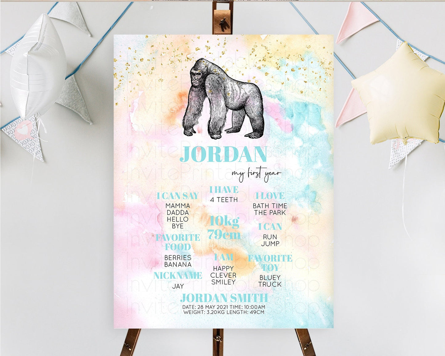 Pastel Gorilla First Birthday Milestone Board Gorilla Milestone Poster Colorful Rainbow Pastel Watercolor 1st Birthday Welcome Sign D10284
