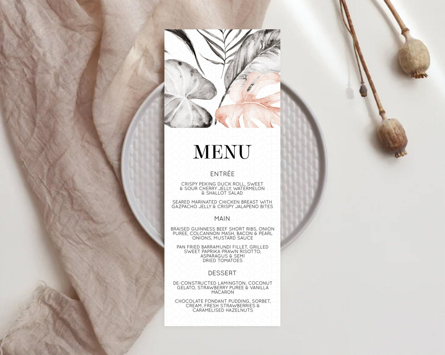 Tropical Menu Template Tropical Menu Palm Leaf Fern Table Decor Frangipani Floral White Orchid Dinner Dessert Menu Party Food Menu D11065