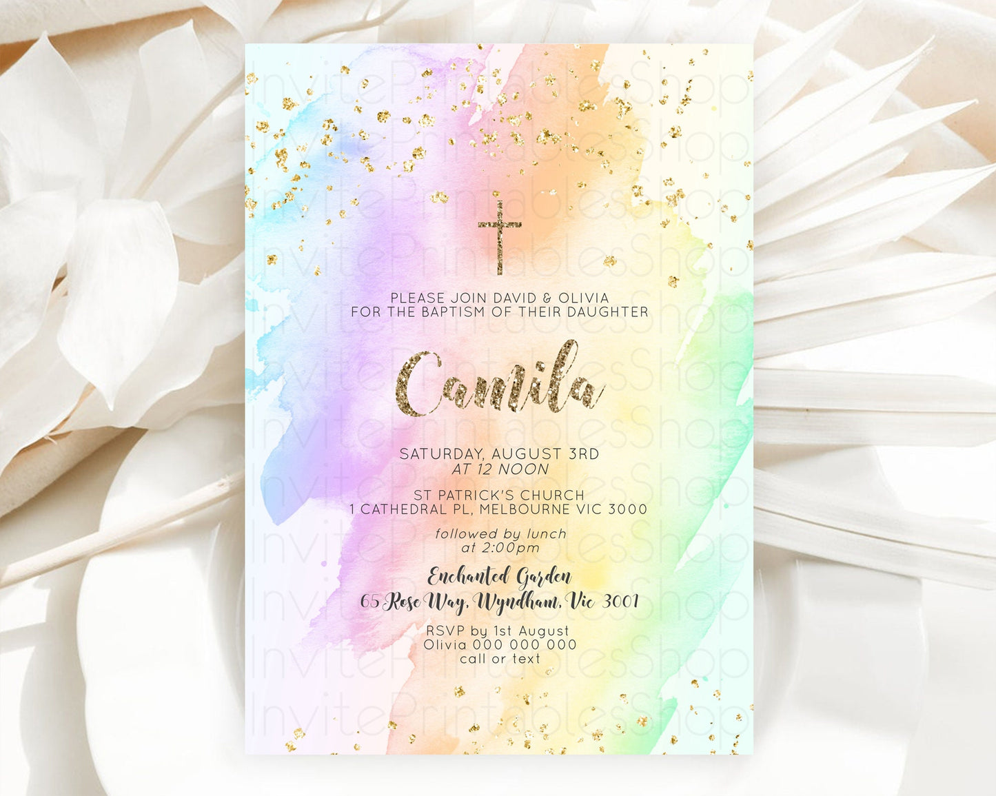 Pastel Baptism Invitation Pastel Colors Watercolor Baptism 1st Birthday Party Gold Ombre Pastel Rainbow Christening Holy Communion D10643