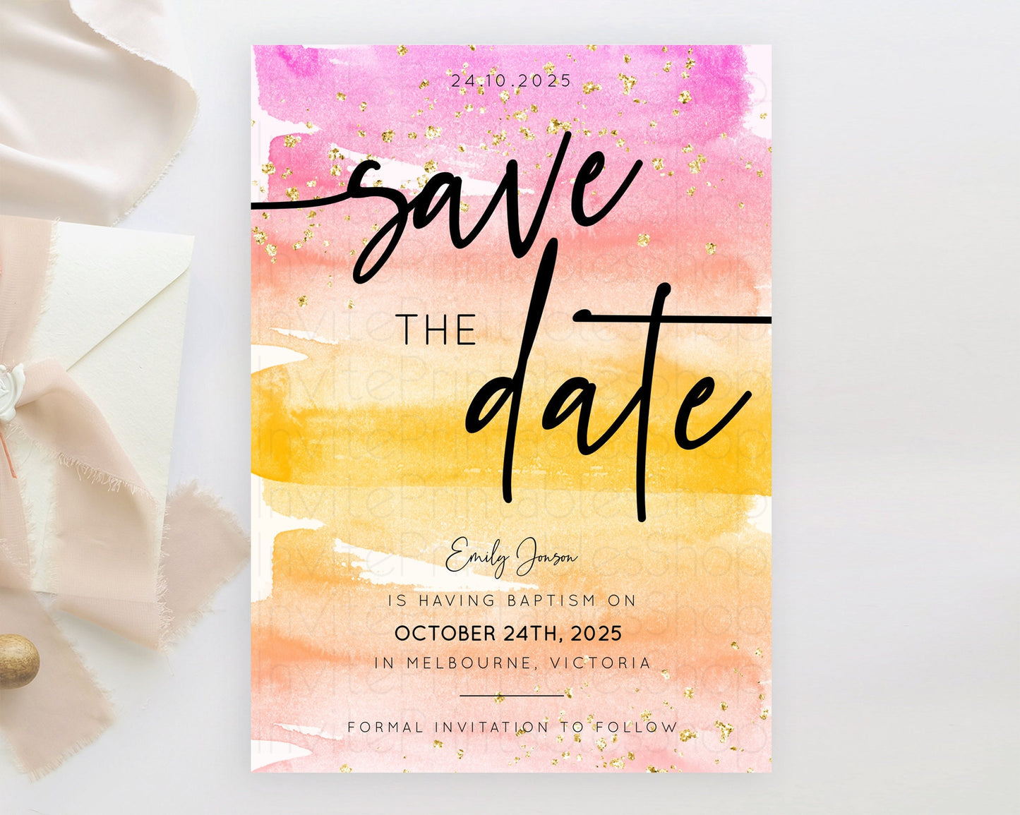 Pastel Save The Date Template Pastel Ombre Rainbow Watercolor Colorful Party For Birthday Baptism Baby Shower Wedding Bridal Shower D10520