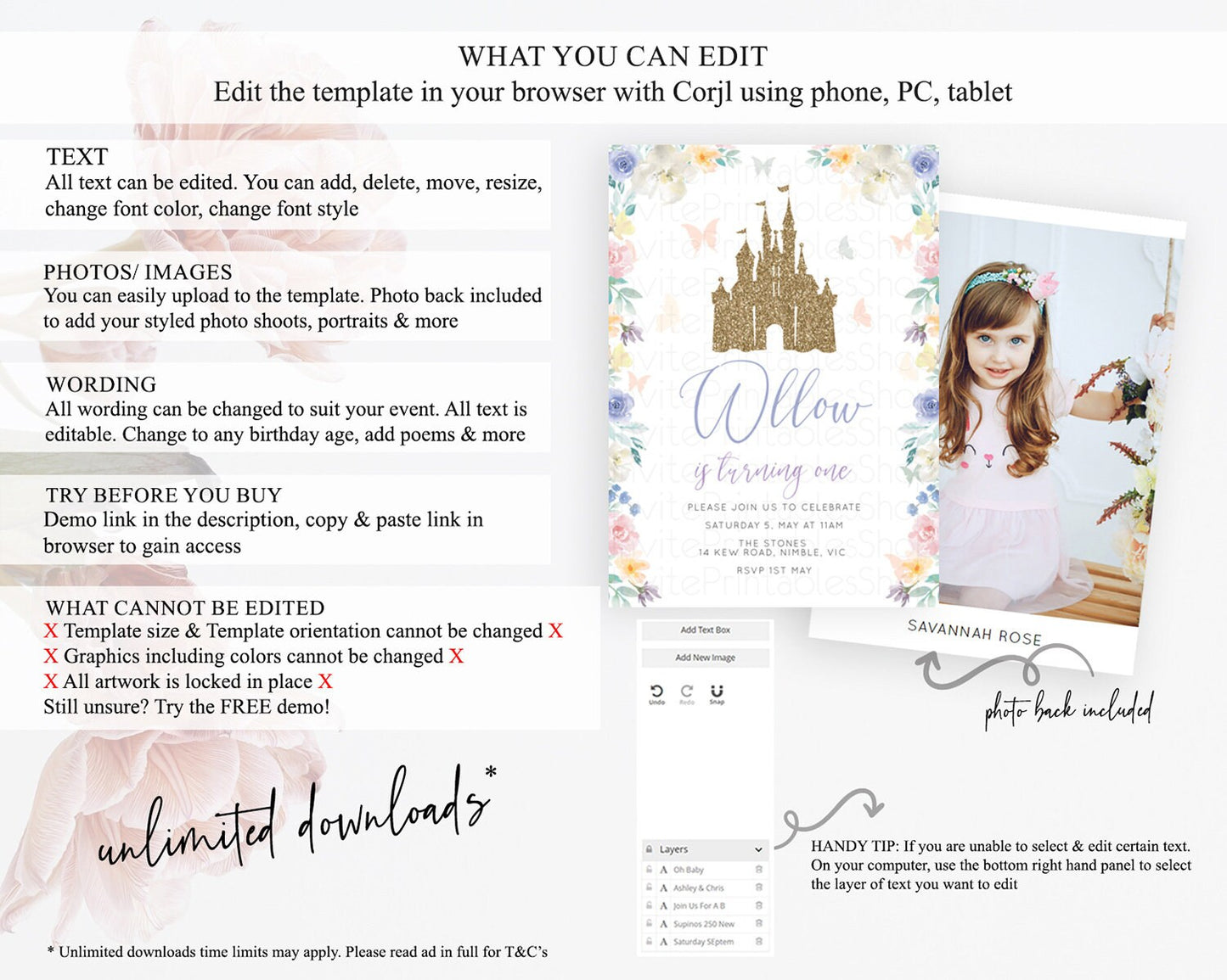 Princess Birthday Invitation Castle Invitation Royal Birthday Fairy Tale Enchanted Castle Pastel Floral Garden 1st First Birthday D10931