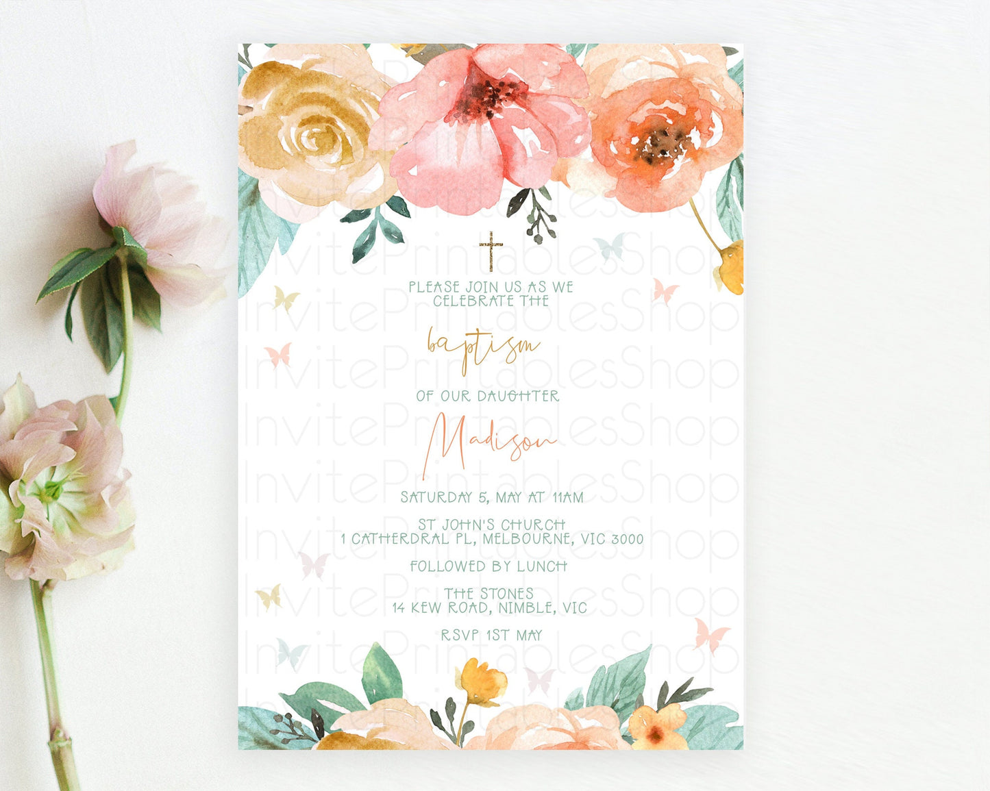 Secret Garden Baptism Invitation Wildflower Baptism Birthday Invite Pastel Flowers Christening Invite Enchanted Garden Boho Floral  D10347