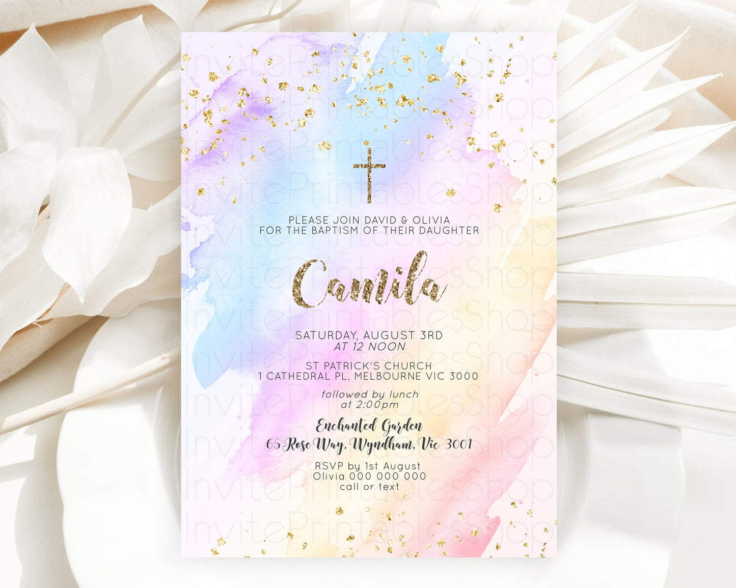 Pastel Baptism Invitation Pastel Colors Watercolor Baptism 1st Birthday Party Gold Ombre Pastel Rainbow Christening Holy Communion D10633