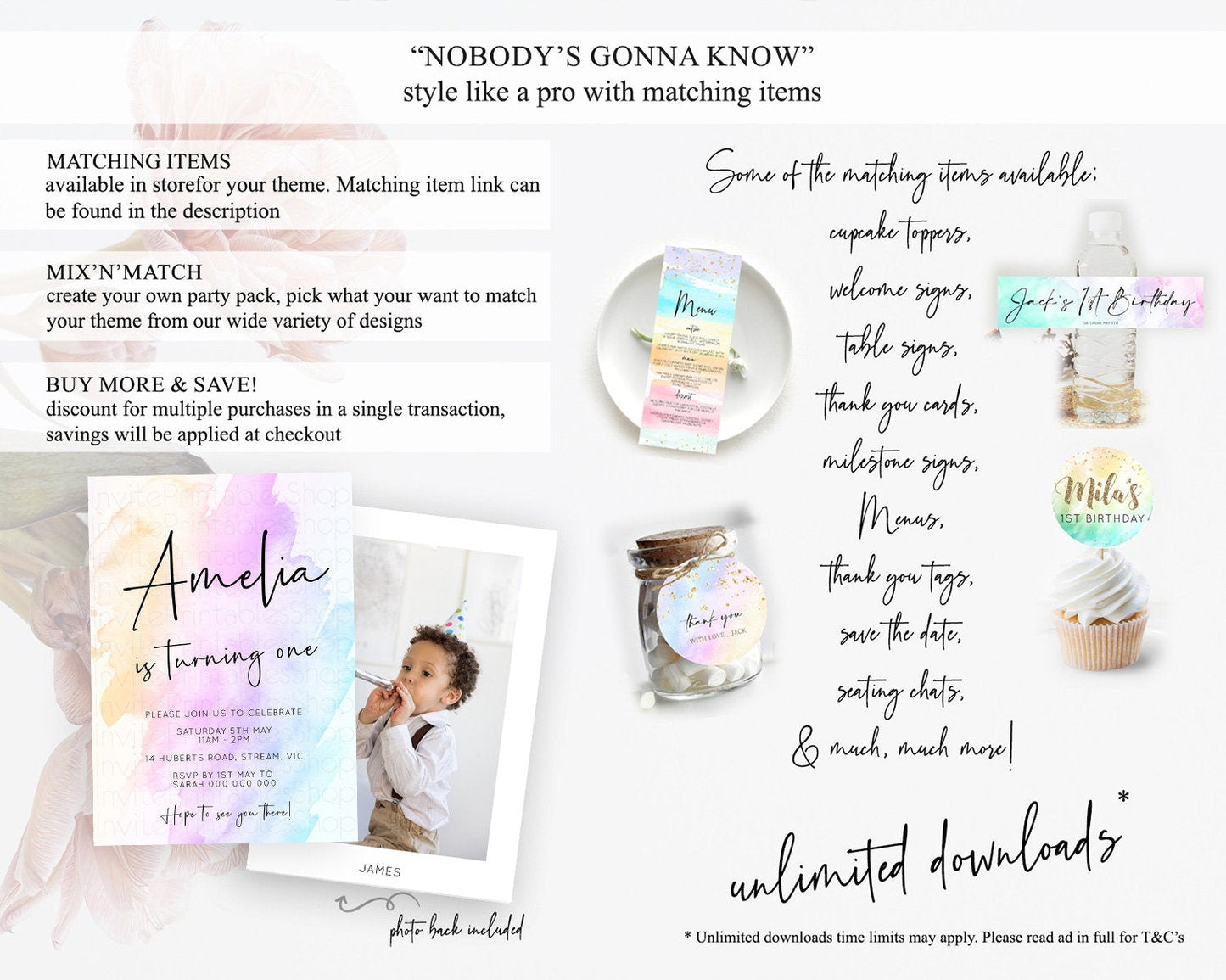 Rainbow Birthday Invitation Colorful Pastel Watercolor Invitation Gold Glitter Sprinkles Ombre Pastel 1st 2nd 3rd Birthday D10177
