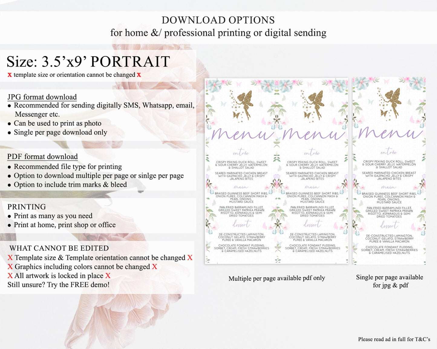 Fairy Menu Fairy Menu Template Enchanted Garden Pastel Floral Butterfly Table Décor Fairy Secret Garden Dinner Dessert Food Menu D10475