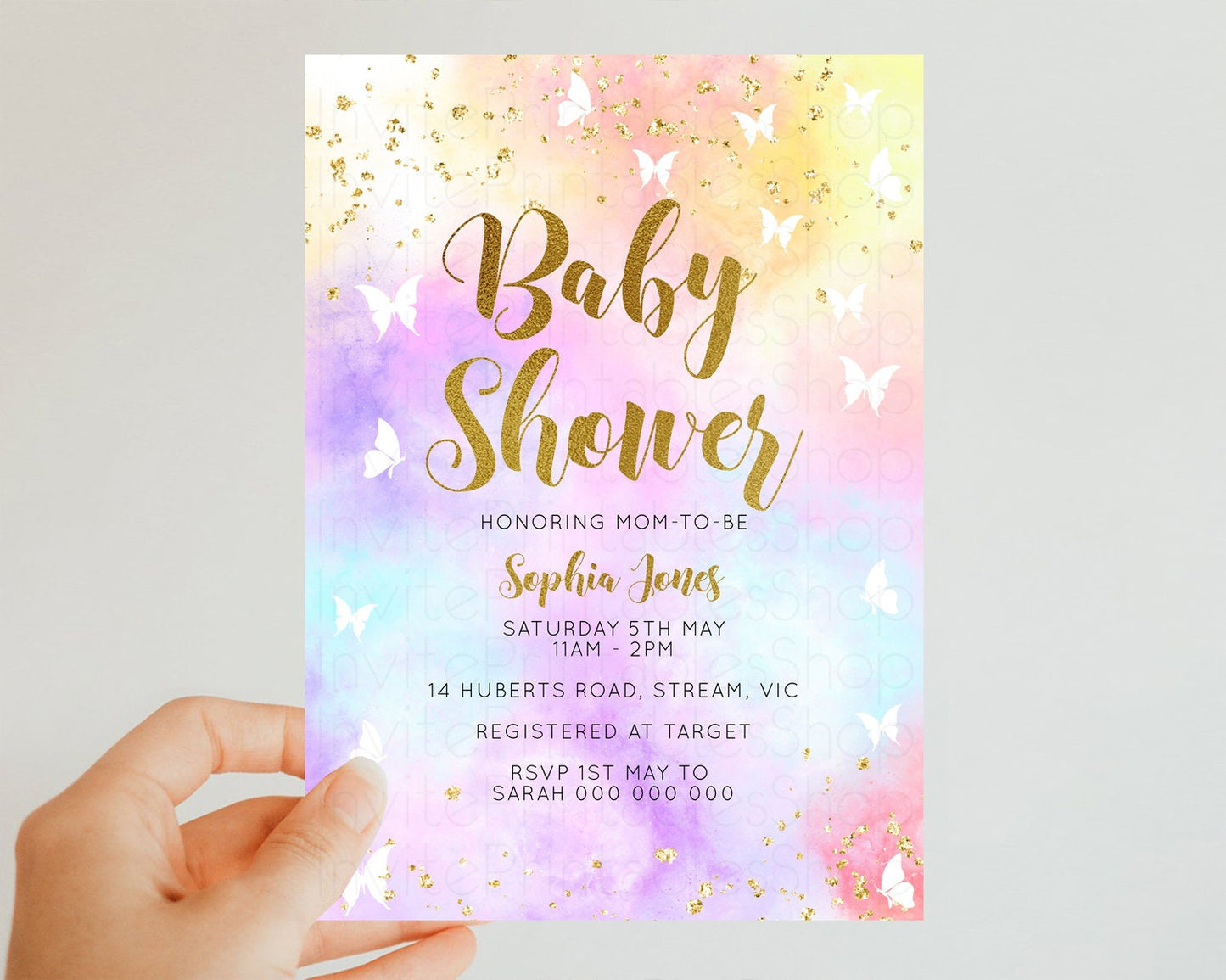 Rainbow Baby Shower Invitation Pastel Baby Sower Invitation Colorful Invite Sprinkle Confetti Watercolor Butterfly Baby Shower Invite D10435