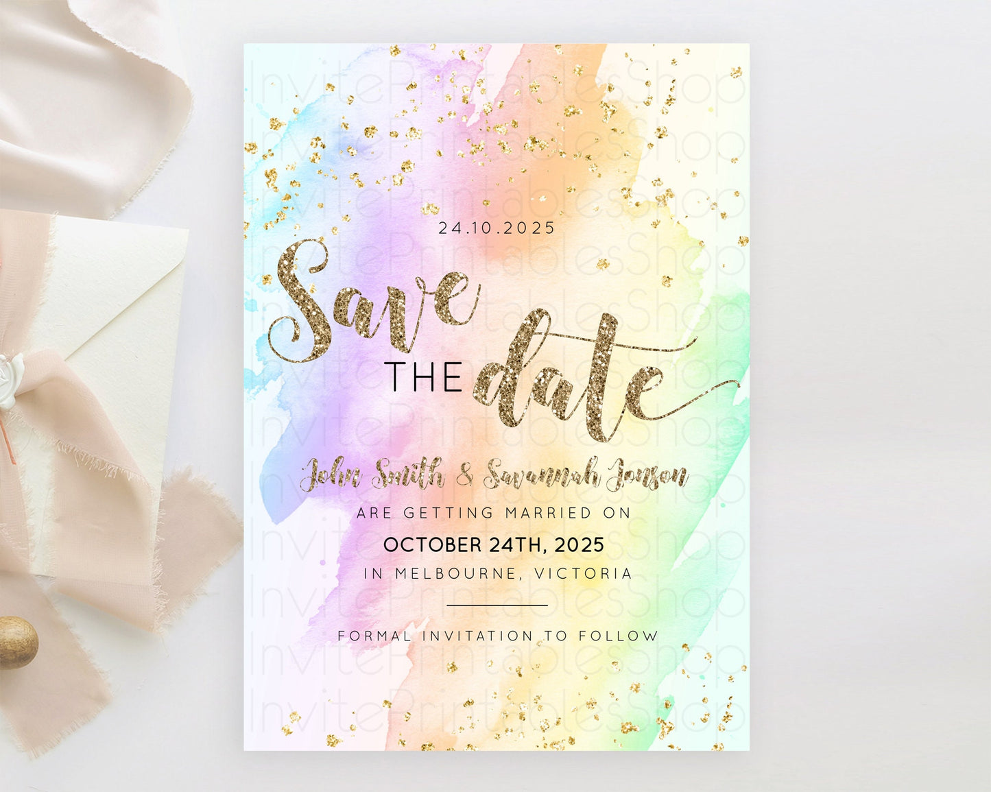 Pastel Save The Date Template Pastel Ombre Rainbow Watercolor Colorful Party For Birthday Baptism Baby Shower Wedding Bridal Shower D10643