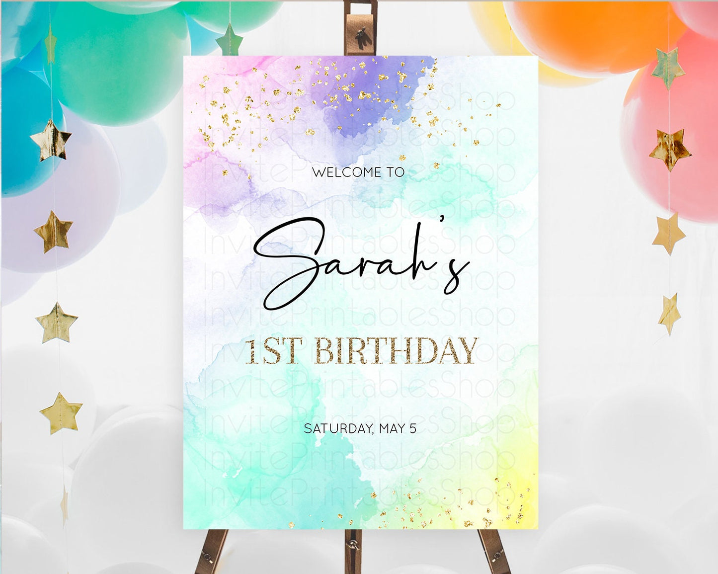 Pastel Welcome Sign Pastel Rainbow Welcome Sign Colorful Rainbow Confetti Watercolor Glitter Pastel First Birthday Welcome Sign D10158