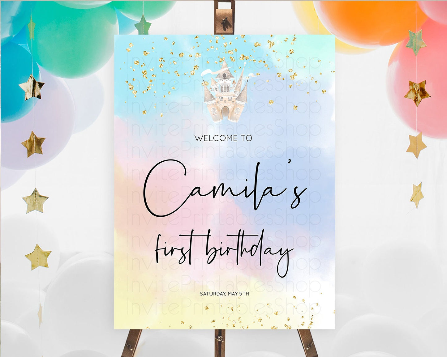 Princess Birthday Welcome Sign Pastel Princess Welcome Board Pastel Rainbow Colorful Enchanted Castle First Birthday Welcome Sign D10376