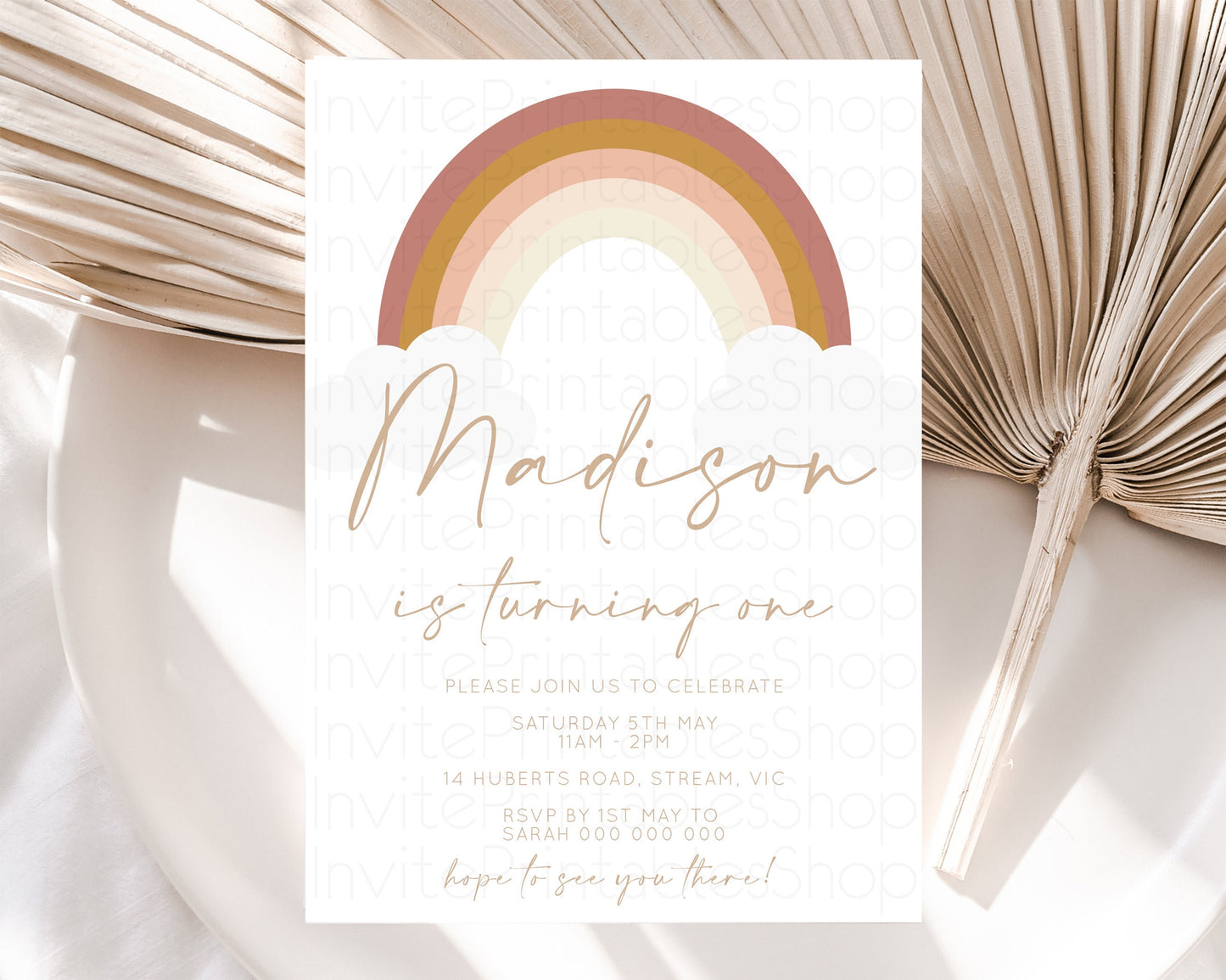 Boho Rainbow Birthday Invitation Pastel Invitation Heart Rainbow Invite Watercolor Orange Brown Earthy Clouds 1st 2nd 3rd Birthday 190