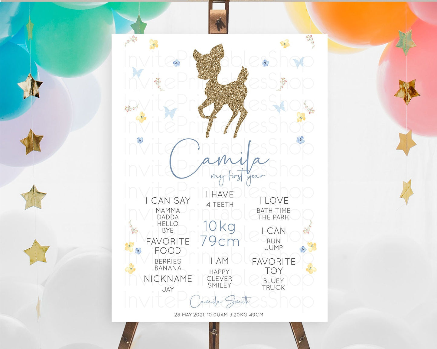 Fawn First Birthday Milestone Board Deer First Birthday Milestone Poster Enchanted Forest Butterfly Pastel Flowers 1st Birthday Sign D10360