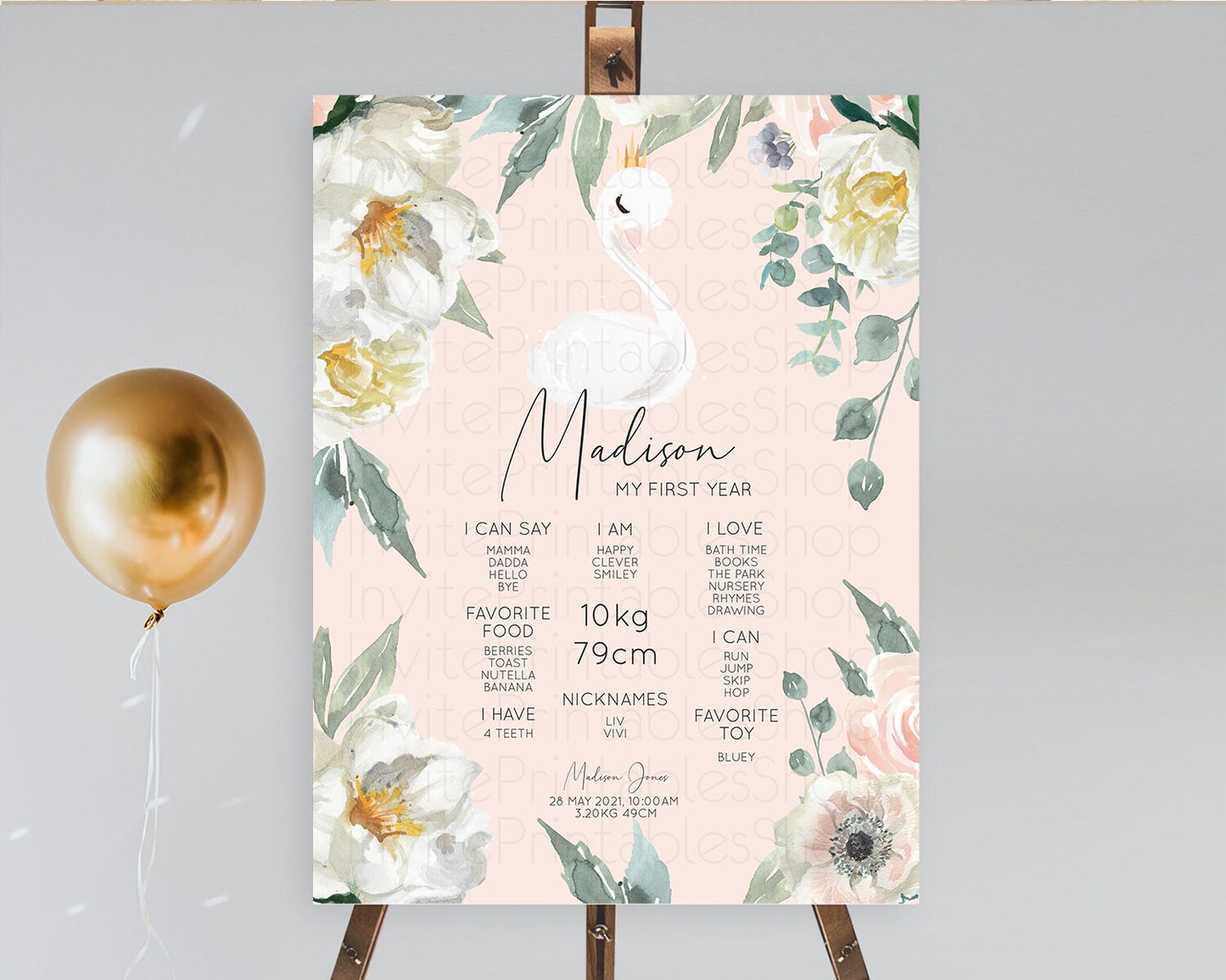 Swan First Birthday Milestone Poster Swan Princess Ballet Milestone Board Enchanted Forest Swan Lake Secret Garden Pastel Floral D10755