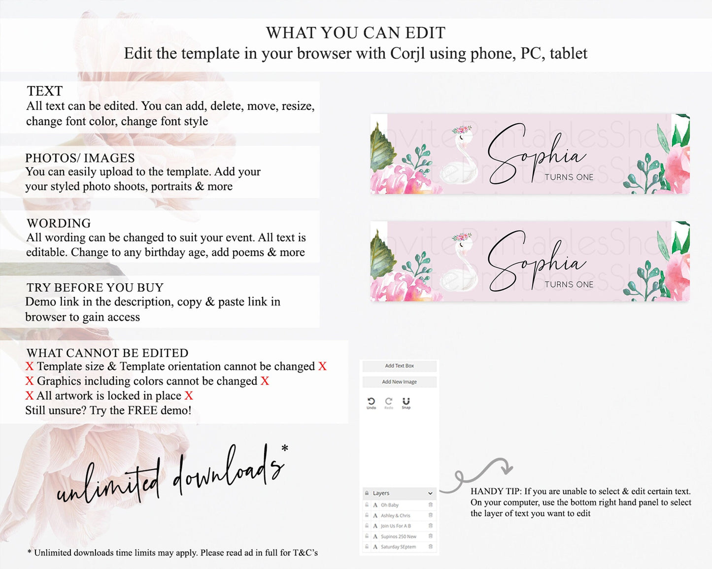 Swan Water Label Template Swan Princess Ballet Party Decor Enchanted Secret Garden Pastel Floral Birthday Baptism Baby Shower D10757