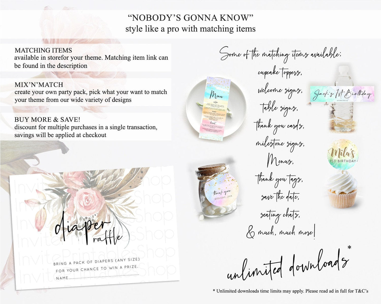Secret Garden Diaper Raffle Card Boho Wildflower Diaper Raffle Insert Pastel Flower Garden Baby Shower Card Flower Raffle Game D10686