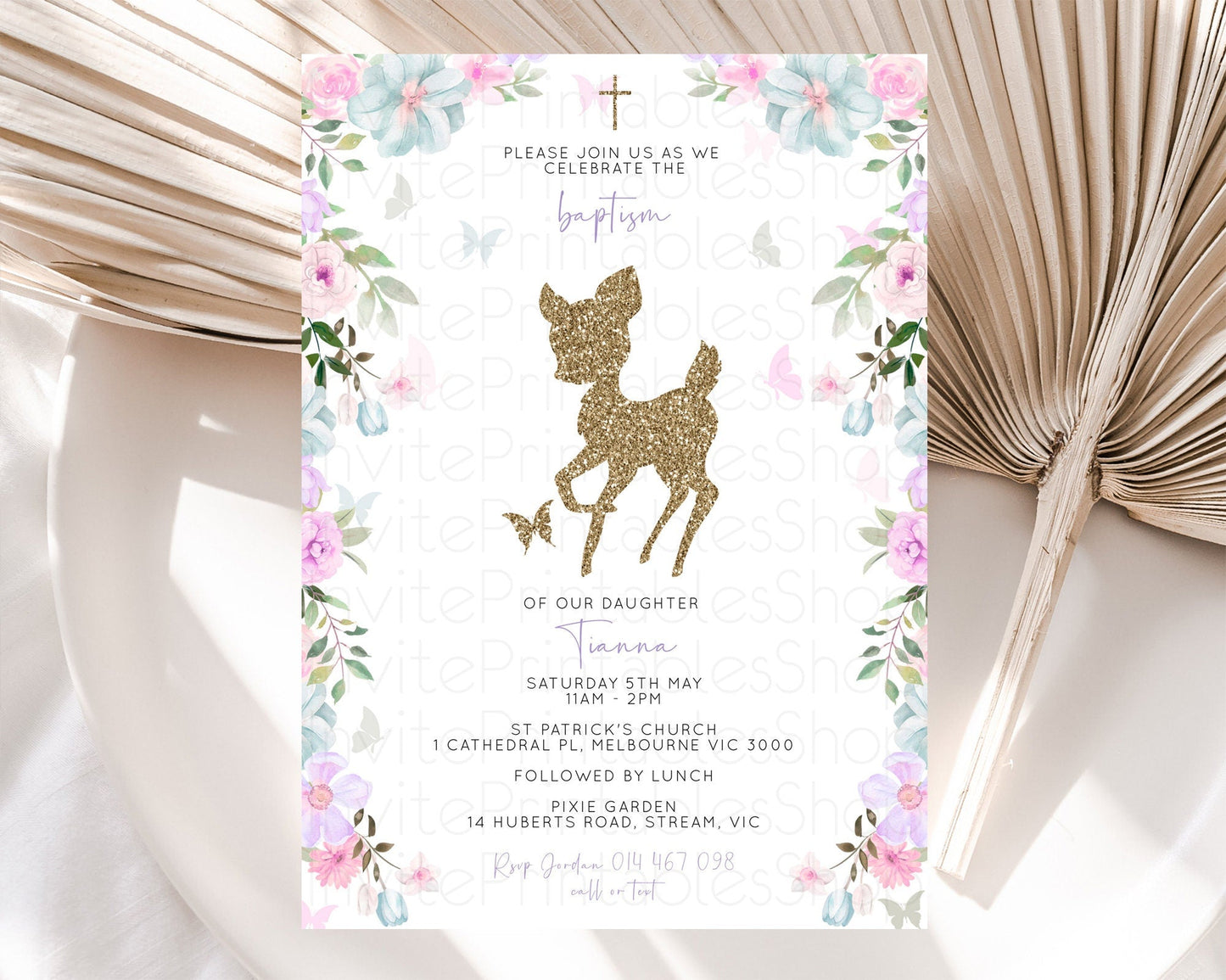 Fawn Baptism Invitation Deer Baptism 1st Birthday Invitation Enchanted Forest Christening Invitation Pastel Garden Butterfly Floral D10476