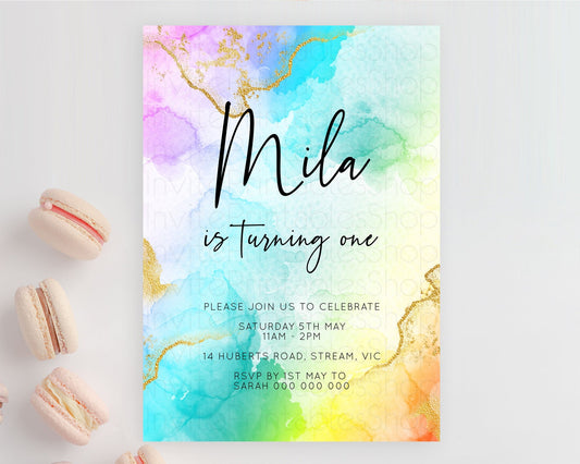 Editable Rainbow Birthday Invitation Colorful Pastel Watercolor Invitation G