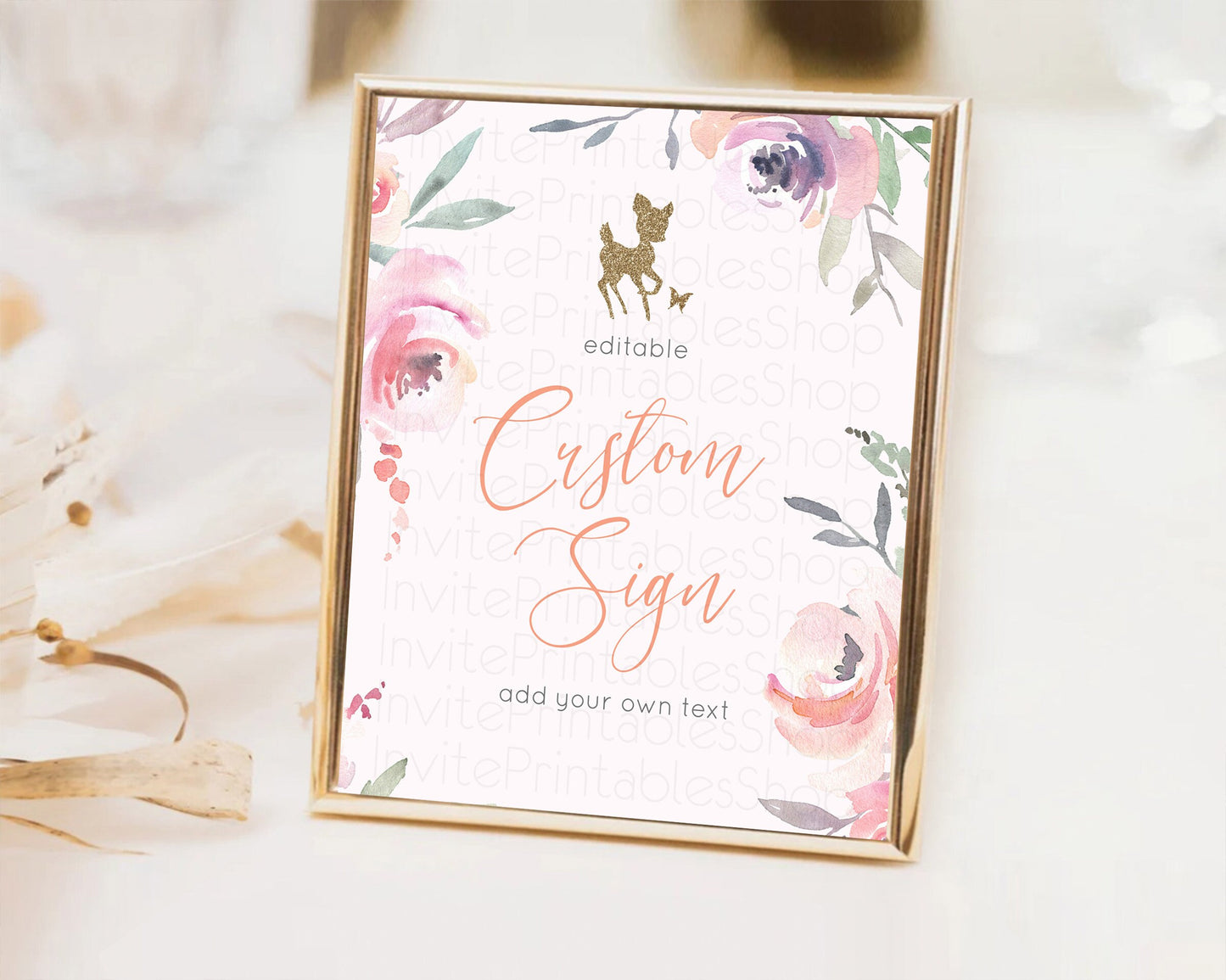 Fawn Deer Sign Pastel Floral Deer Table Sign Decor  Enchanted Forest Butterfly Party 1st Birthday Baptism Baby Shower Bridal Shower D10196