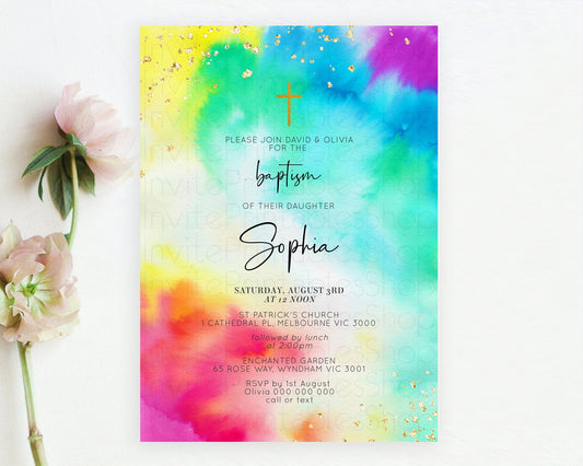 Editable Tie Dye Baptism Invitation Rainbow Baptism 1st Birthday Invitation
