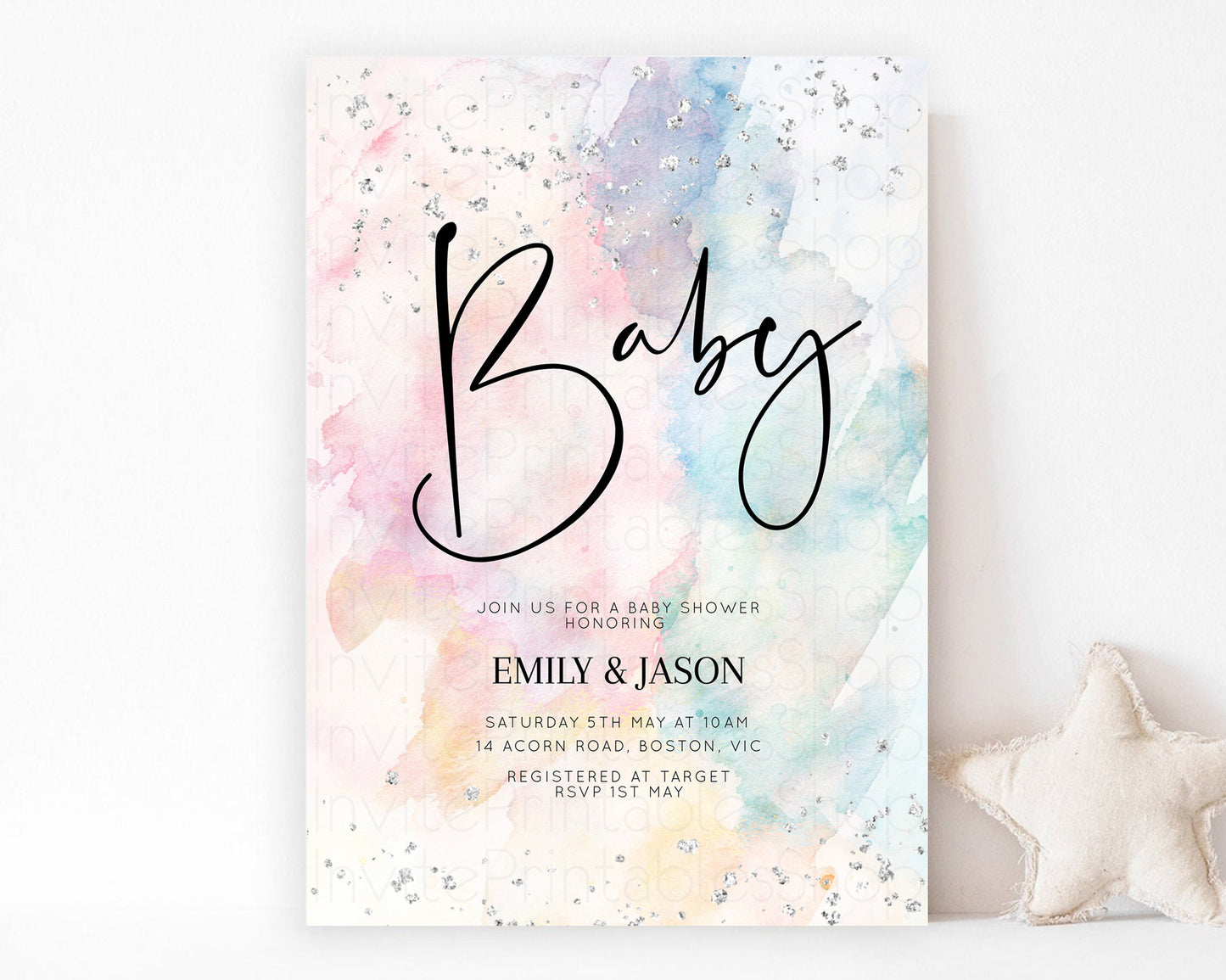 Rainbow Baby Shower Invitation Pastel Watercolor Invite Ombre Splash Invite Silver Glitter Confetti Sprinkles Colorful Gender Neutral s276v4