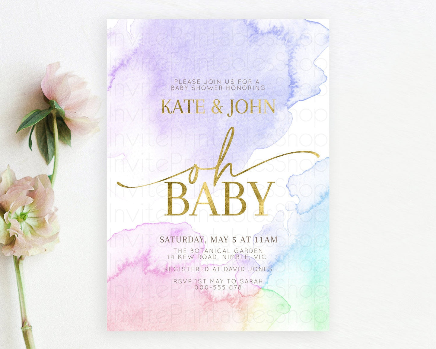 Pastel Baby Shower Invitation Rainbow Baby Shower Invitation Colorful Pastel Watercolor Invitation Gold Glitter Sprinkles Ombre D10215