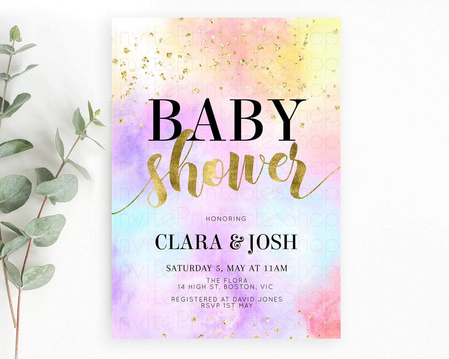 Pastel Baby Shower Invitation Rainbow Baby Shower Invitation Colorful Pastel Watercolor Invitation Gold Glitter Sprinkles Ombre D10435