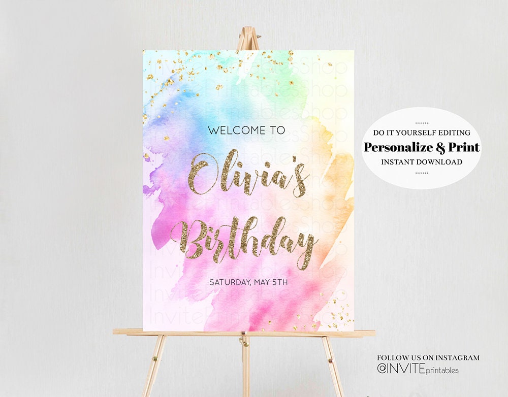 Rainbow Welcome Sign Pastel Watercolor Welcome Board Gold Glitter Sprinkles Foil Colorful Paint Splash Party Entry Sign Poster Birthday g504