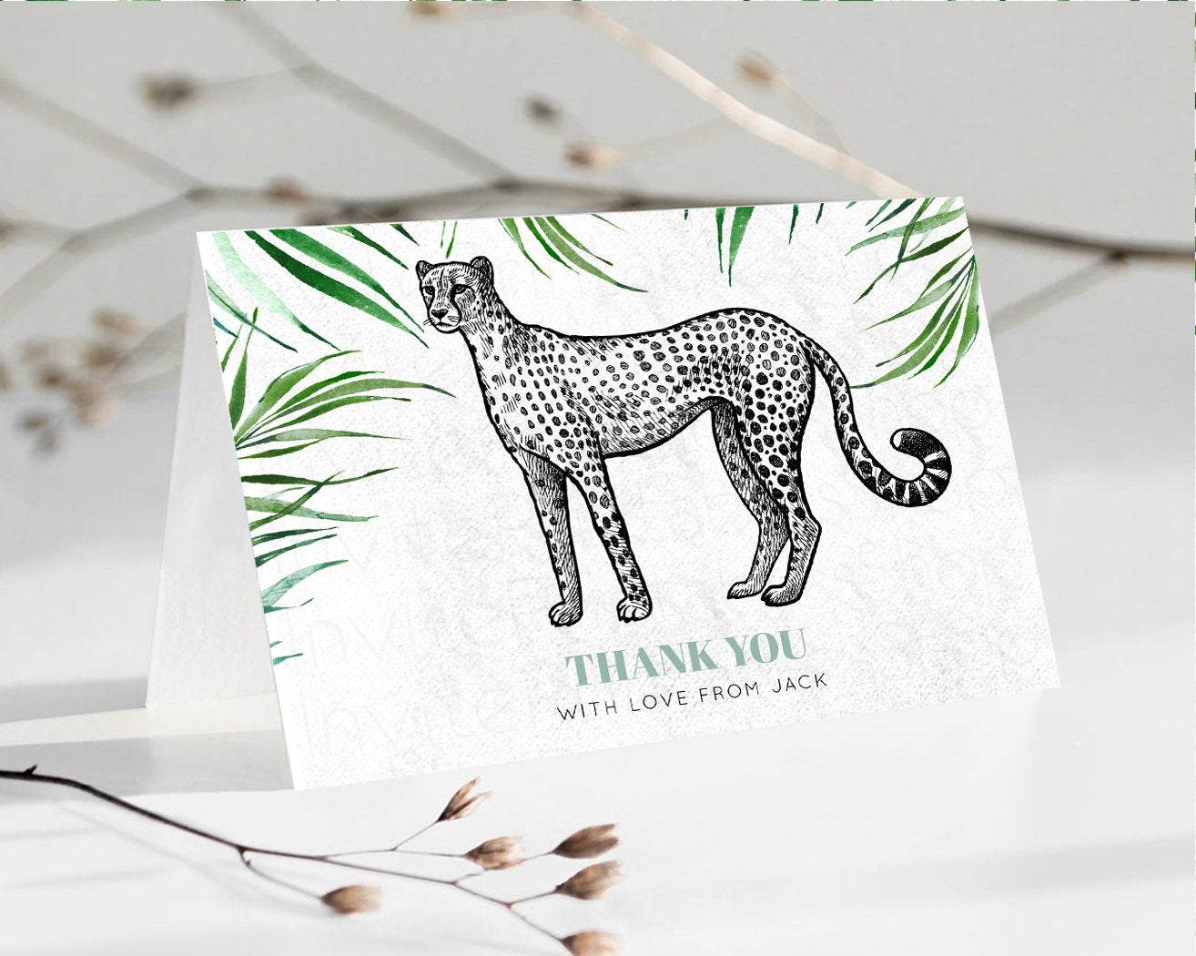 Cheetah Thank You Card Tropical Palm Fern Wild One Safari Jungle Zoo Party Foldable Card Tent Flat Postcard Detail Insert Card Birthday 287